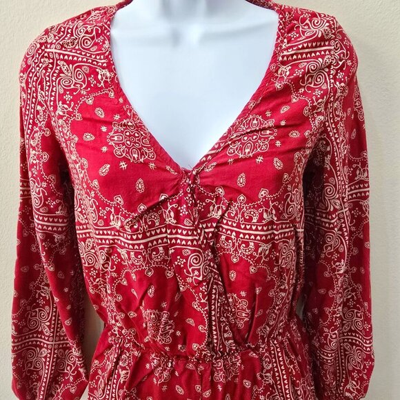 Archaic ✦ Red Paisley Romper ✦ Long Sleeve V-Neck w/ Tie Detail Boho Rebel Style - Picture 4 of 11